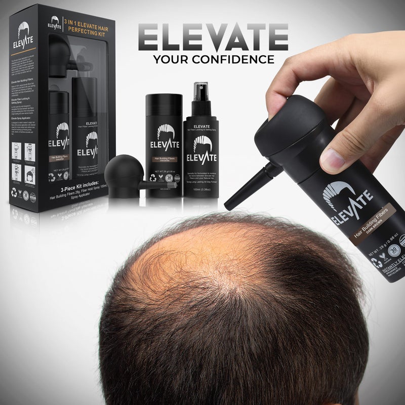 ELEVATE Hair Perfecting 3-in-1 Kit Set Includes Natural Thickening Fibers, Applicator Pump Nozzle & Locking Hold Spray | Instantly Conceal Balding Areas (Dark Brown) - Image 2